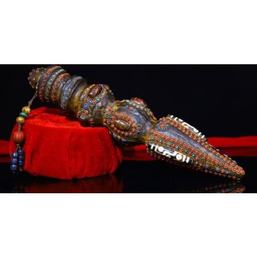 13"Tibet temple Old Bronze Natural meteorite Filigree mosaic Gem Dzi Bead Dorje Vajra Phurpa Town House Exorcism