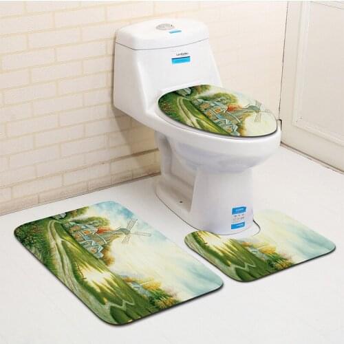 Zeegle Microfiber 3Pcs Bath Mat Set Painting Rhyme Bathroom Carpets 3 Pieces Anti-slip Bathroom Floor Mats Doormats Toilet Rugs