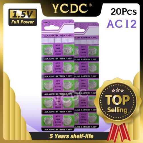 20pieces AG12 Coin Battery Long Lasting G12 386 SG12 LR43 386A 386X CR43 LR1144 RW44 SR1142PW 386B BSR43H SR43H E386 V12GA