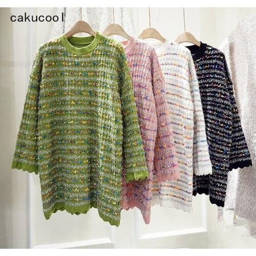 Cakucool Colorful lurex Sweater Women Long Sleeve Loose Oversize Shiny Jumpers Sweet Mid Long Knit Pullover Girls Sweater Female