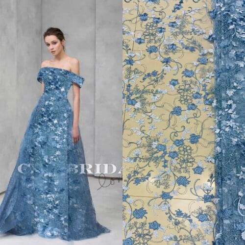 Designers new blue mesh flower embroidery lace cloth dress cheongsam skirt custom DIY embroidery fabric