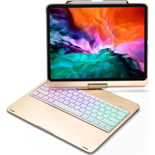 For iPad Pro 12.9 2018 2020 360 Degree Swivel LED Backlight Wireless Bluetooth Russian/Spanish/Hebrew Keyboard Case Stand Cover