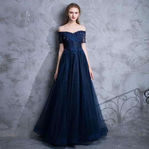 Elegant Dark Blue Boat Neck Evening Dress Lace Flower Party Formal Long Evening Gown Plus Size Robe De Soiree Ladies Dress