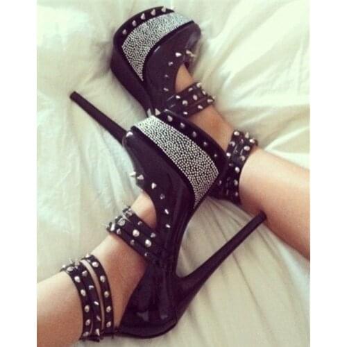 FGHGF Shoes, womens super high heels, 15CM heels with high black patent leather, rivet decoration sexy fashion womens club sho