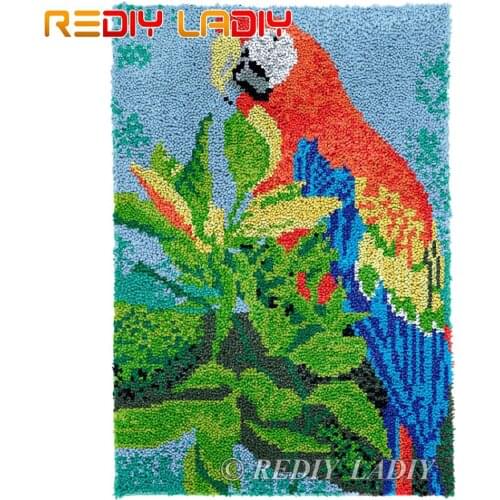 Latch Hook Kits Red Blue Parrots Chunky Yarn Embroidery Crocheting Tapestry Kits Needlework Arts & Crafts DIY Carpet Rug 58*85cm