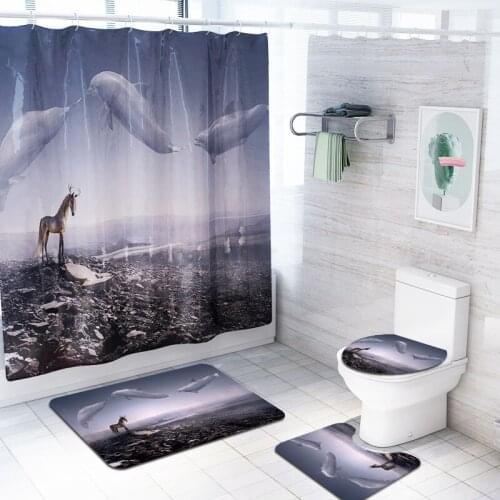 Horse Deer Pattern Fabric Shower Curtains 3D Waterproof Polyester Bathroom Curtain Non-Slip Carpets Bath Curtains Mat with Hook