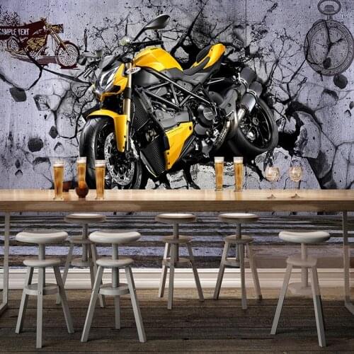 Custom Mural Wallpaper 3D Stereo Yellow Motorcycle Cool Broken Wall Fresco Retro Fashion Restaurant Cafe Background Wall Papers
