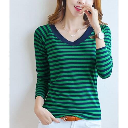 Autumn and spring 2019 new cotton V-neck stripes Slim was thin long sleeve bottoming shirt women t-shirt female shirt tide