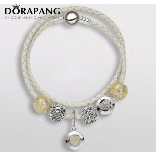 NEW NEWEST 925 Sterling Silver White Real Leather Charm Bracelet suits Clear CZ Charm Bead fit Bracelet DIY For Jewelry