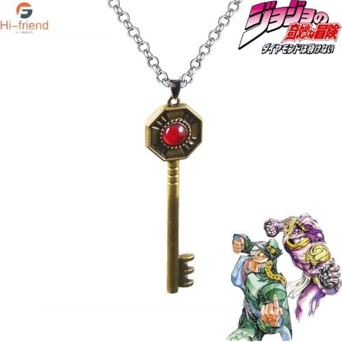 JoJos Bizarre Adventure Necklace Key Shape Pendant Red Crystal Necklace for Women Men Car Neck Accessories Cosplay Prop Jewelry