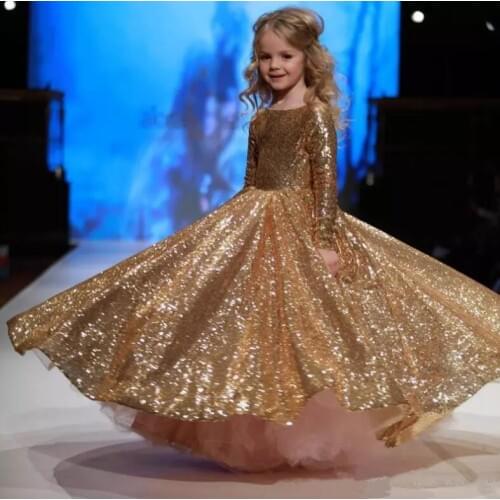 Long Sleeve Golden Flower Girls Dresses Ball Gowns Puffy Girls Princess Ball Gowns Shinny Girls Birthday Dresses Custom