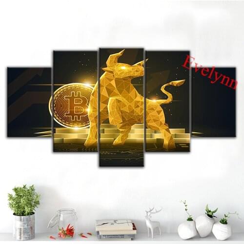 5 Piece Poster Stock Gold Bitcoin Modern Canvas Graffiti Abstract Wall Art Painting Cryptocurrency Print Wall Decor Office Frame