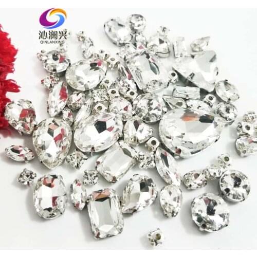 Sell at a loss!! 68pcs/pack Clear white mix size glass crystal material flatback sew on claw rhinestones,diy Clothing accessorie