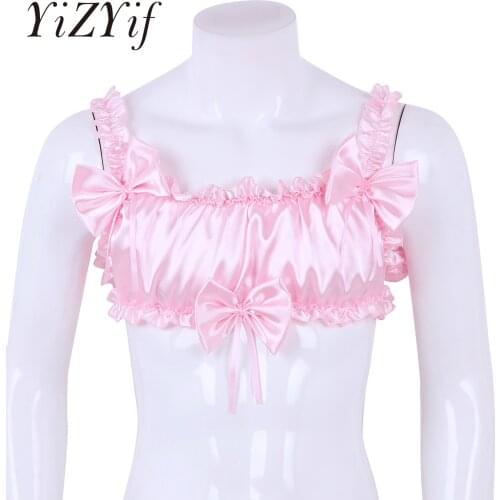 Sexy Men Sheer Satin Ruffled Lingerie Exotic Bras Sissy Nightwear Wide Shoulder Straps Backless Harness Hombre Mini Bra Top