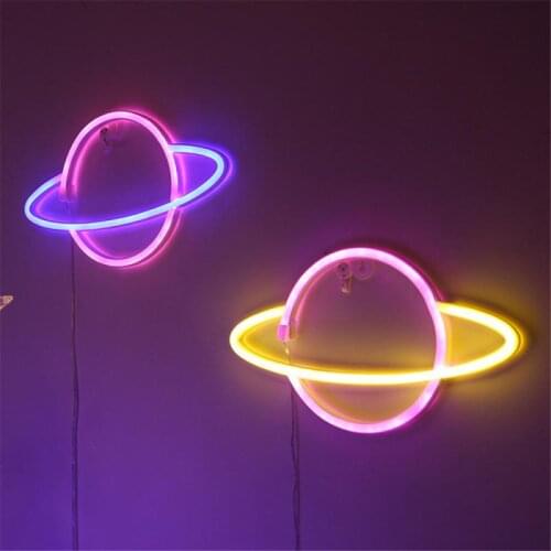 LED Neon Light Wall Hanging Planet Lights Sign Rooms Wall Art Bar Party Colorful Night Lamp Bedroom Decor USB Or Battery Powered