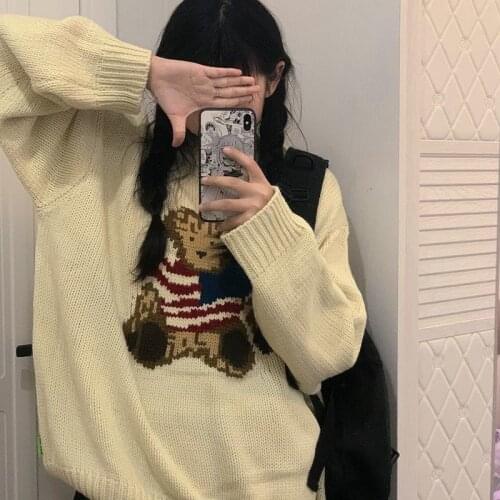 Autumn and Winter New Bear Brocade Sweater Womens Outer Wear Korean Style Loose and Cute All-Matching Pullover Knitwear Top