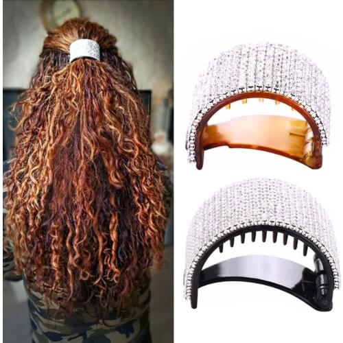 Womens Plastic Hair Claws 8 Row Faux Crystal Rhinestone Barrettes Glitter Banana Hair Crab Round Ponytail Holder Clips Clamp