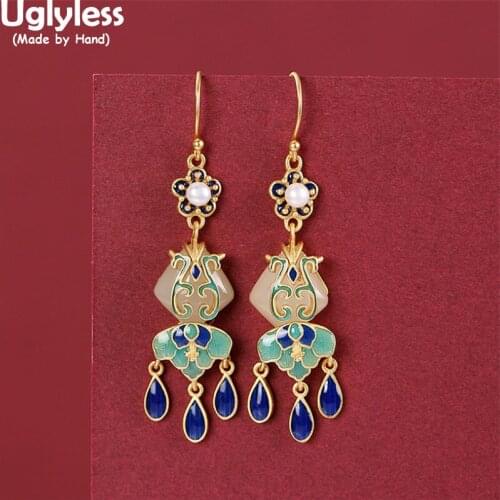 Uglyless Eastern Beauty Antique Enamel Tassels Earrings for Women Natural Jade Pearls Earrings Fashion Dress Jewelry Flowers