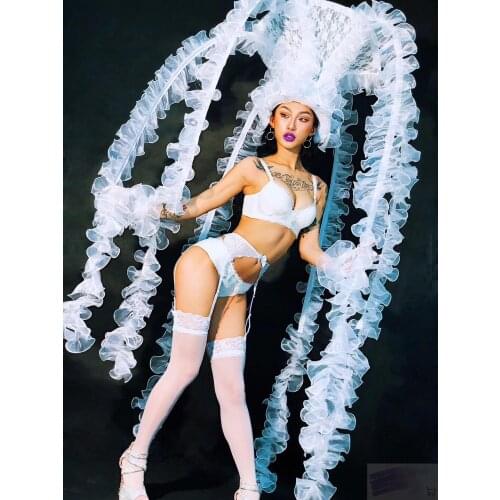 White lace sexy medusa cosplay costume Singer dance Gogogo show performance women white stage costumes
