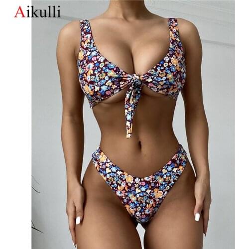 2021 Swimsuit Women Retro Print Knotted Bikini Swimsuit Two-piece Bikini Set Summer Swimming Bather Beachwear Woman Bathing Suit