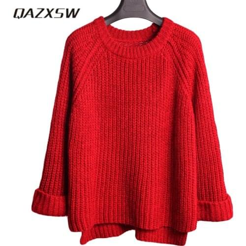 QAZXSW 2019 New Women Autumn Knitted Sweater Pullovers Oversized Blouses O-Neck Casual Solid Sweater Poncho Preppy Jumper HB186