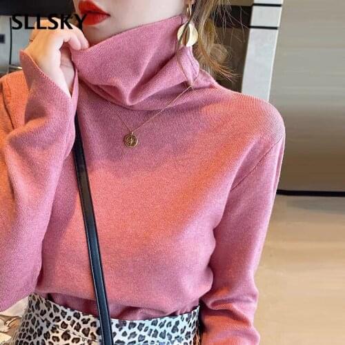 SLLSKY Solid Turtleneck Knitted Women Pullovers 2021 Autumn Long Sleeve Strech Female Sweater Loose Bottoming Ladies Sweater