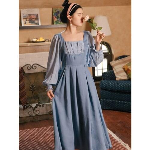 2021 Spring Autumn Blue Elegant Square Neck Dress Retro Lantern Sleeve Fashion Lady Sweet and Gentle Princess Dress Fairy Dress