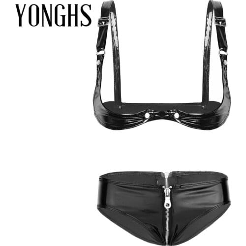 2Pcs Womens Bikini Sex Lingerie Set Wet Look Patent Leather Open Cup Bra Top with Zipper Crotch Low Rise Bikini Briefs Underwear