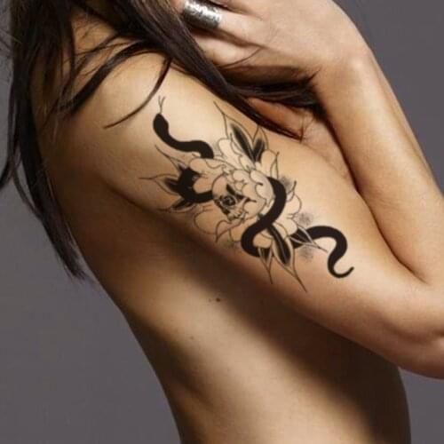 Black Snake Waterproof Temporary Tattoo Sticker White Flowers Leaves Design Fake Tattoos Flash Tatoos Arm Body Art for Women Men
