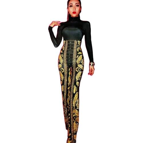 Black Long Sleeve Skinny Stretch Women Jumpsuits Gold Feather Print Bodysuits Nightclub Bar Prom Party Costumes Jazz Dance Wear