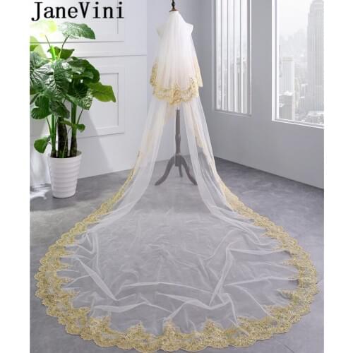 JaneVini Bling Sequined Lace Long Wedding Veil with Comb Gold Appliques Two Layers 3.5 Meters Cathedral Bridal Veils Bride to Be
