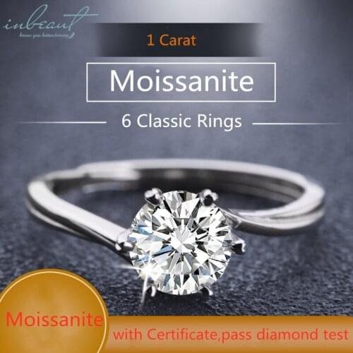 Inbeaut Classic 925 Silver VVS1-2 Excellent Cut Round Diamond Color D 1 Ct Moissanite Ring Pass Test Certificate Gemstone Rings
