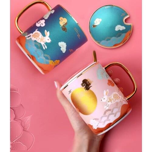 Creative Mugs With Spoon Lid 350ml Ceramic Coffee Cups Milk Water Tazas Tea Party Couple Drinking Gifts Home Drinkware