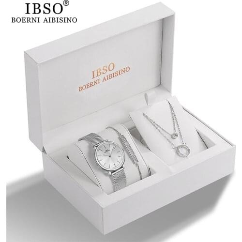 IBSO Women Quartz Watch Set Crystal Design Bracelet Necklace Watch Sets Female Jewelry Fashion Silver Luxury Watch Ladys Gift