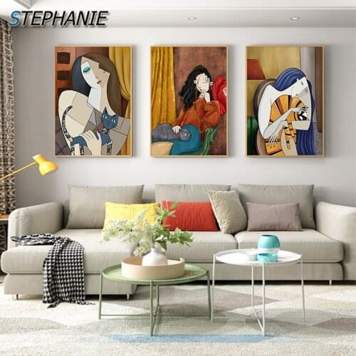 Japanese Girls Kitten Wall Art Posters Vintage Canvas Painting Abstract Poster Print Nordic Pictures for Living Room Bedroom Dec