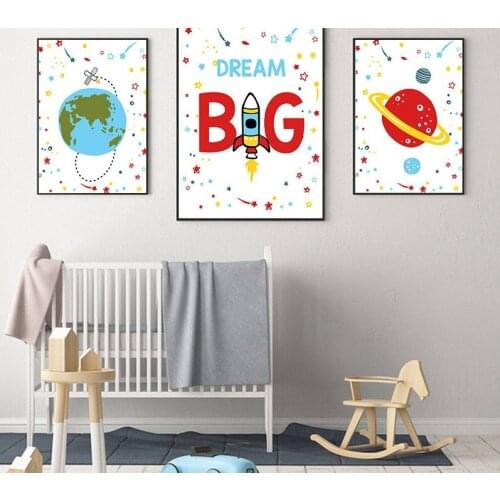 Wall Posters Kids Cartoon Astronaut Rocket Dream Big Canvas Painting Nursery Child Room Decoration Posters and Prints
