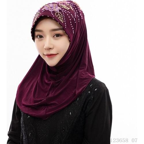 New Bonnet Hijab Malaysian Hijab Caps Solid Color Muslim Beaded Musulman Turban Southeast Asian Women Headscarf for Muslim Dress