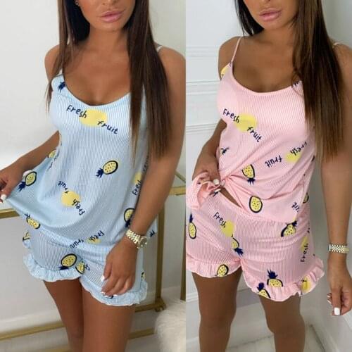 OMSJ Simple Comfort Women Homewear Cute Pajama Sets Spaghetti Strap Backless Tops And Shorts Print Sleepwear Matching 2 Pcs Sets