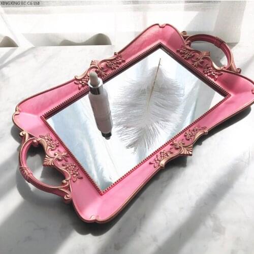 Oval Storage Tray Pink Retro Mirror Glass Food Tea Tray Household Jewelry Skin Care Product Storage Box Wedding Home Decoration