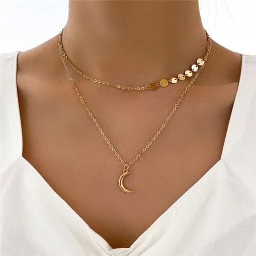 HI MAN Bohemian Small Round Piece Moon Double layer Pendant Necklace Women Fashion Temperament Anniversary Party Jewelry