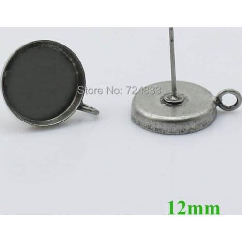 Blank Earrings Bases 12mm Round Deep Wall cups Bezel w/ a Loop Cabochon Stud Earrings post Settings Findings Antqiue Silver tone