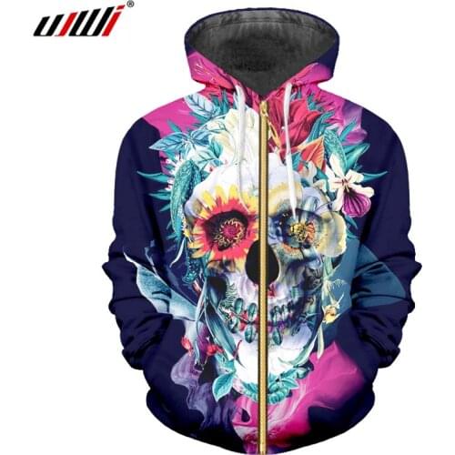 UJWI Flower Leaf Skull Art Creative Zip Sweatshirts Men/Women Hoodies Zipper Tracksuit Cool Hoody Streetwear Coat 3d Wholesale