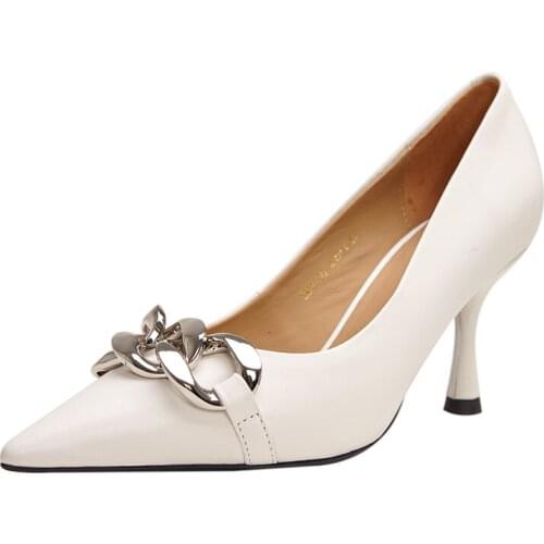 Single shoes with chain tip and shallow mouth and high heel and thin heel shoes for women 2020 New Autumn/Winter