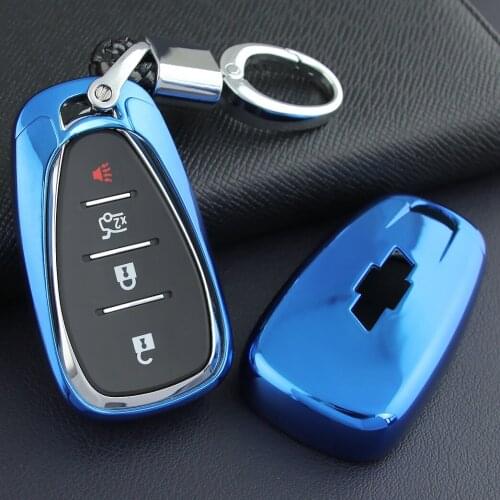 Smart Key Case Fob Cover Chain Ring For Chevy Malibu Cruze Volt Bolt EV Trax Camaro Equinox Traverse Blue