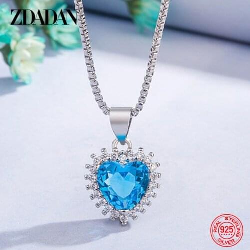 ZDADAN 925 Sterling Silver Sapphire Heart Zircon Necklace For Women Fashion Wedding Jewelry Gift