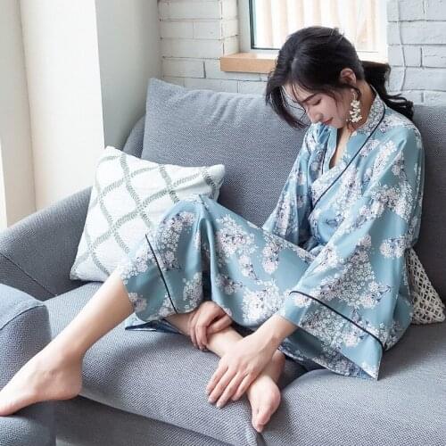 Flower Printed Sleepwear Loose Flare Home Pants Ice Silk Satin Robe Sets Kimono Bathrobe For Women Pajama Fashion Spring 2021