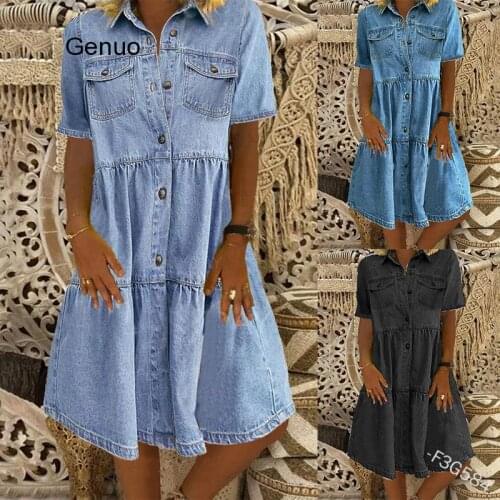 2020 Women Denim Dresses Summer Casual Vintage Single Breasted Turn-down Collar Pockets Loose Short Dress Fashion Boho Dress