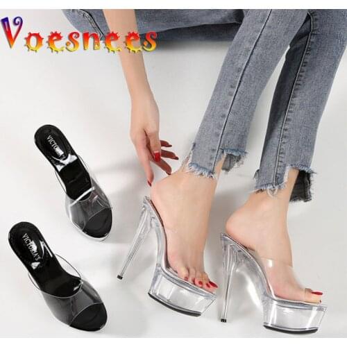 Women Slipper Shoes Stilettos Heels Super High heels 15cm Waterproof Fishmouth Sandals Transparent Crystal Shoes Wedding Shoes