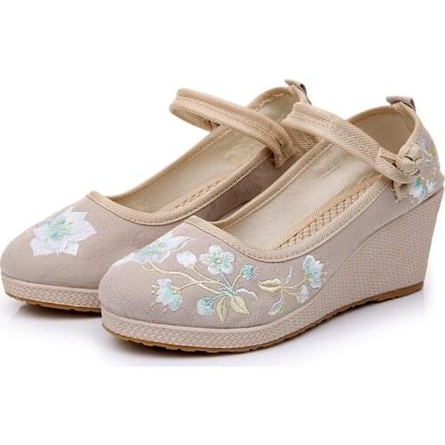 YourSeason Ladies Comfort Jacquard 7cm Wedge Platform Pumps Flowers Embroidery Women Retro Soft Casual Shoes High Heels