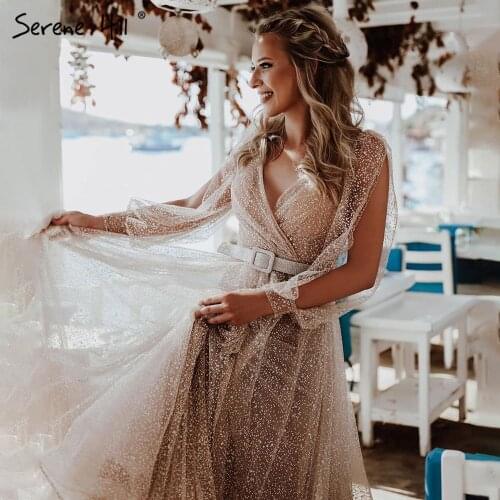 Serene Hill Champagne Latern Sleeve Evening Dresses Gowns 2021 A-Line Lace For Women Party LA71346